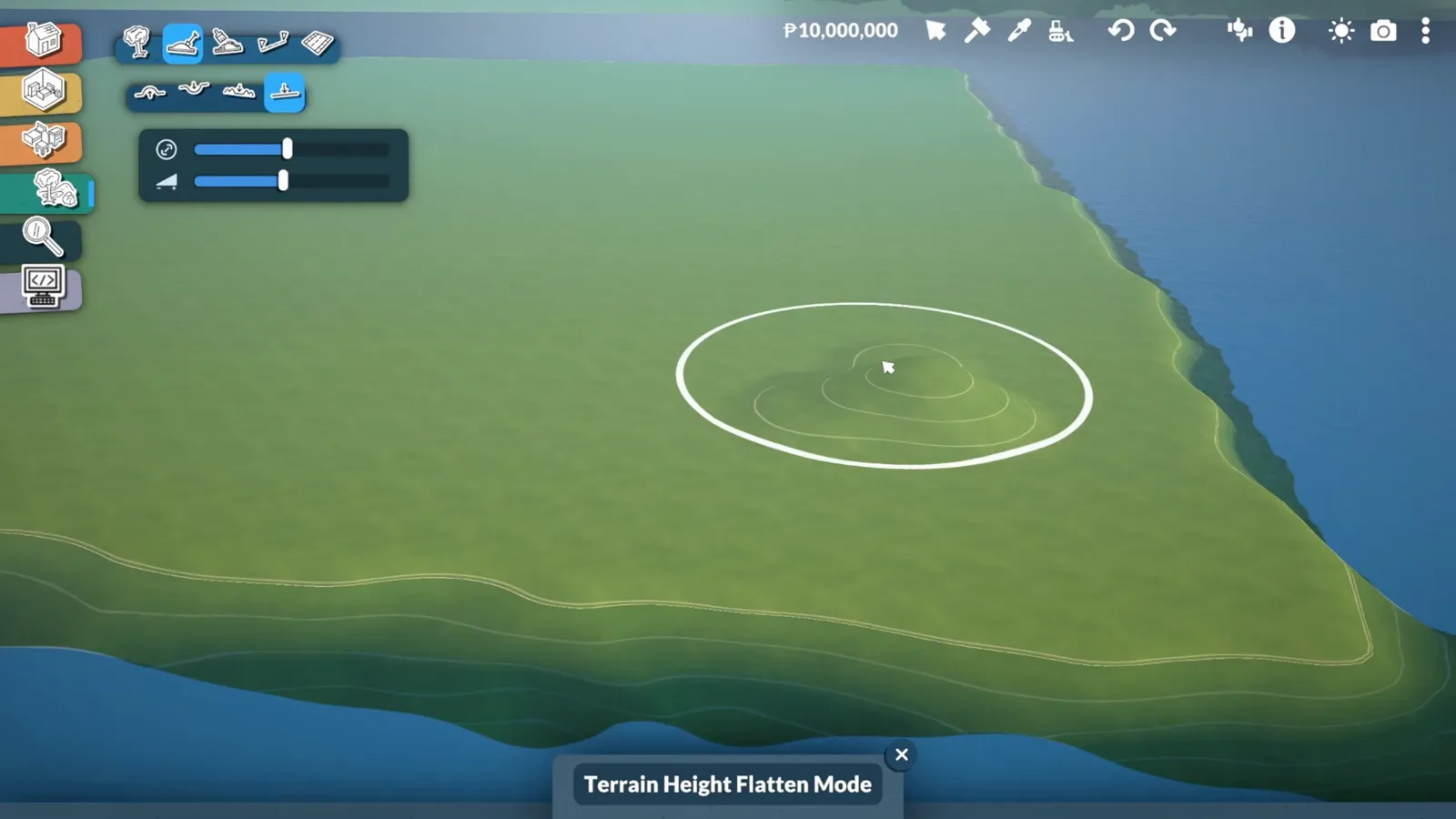 Terrain Height Flatten Mode brush levelling the beach band beside the water in Paralives Terrain Height Flatten Mode brush levelling the beach band beside the water in Paralives