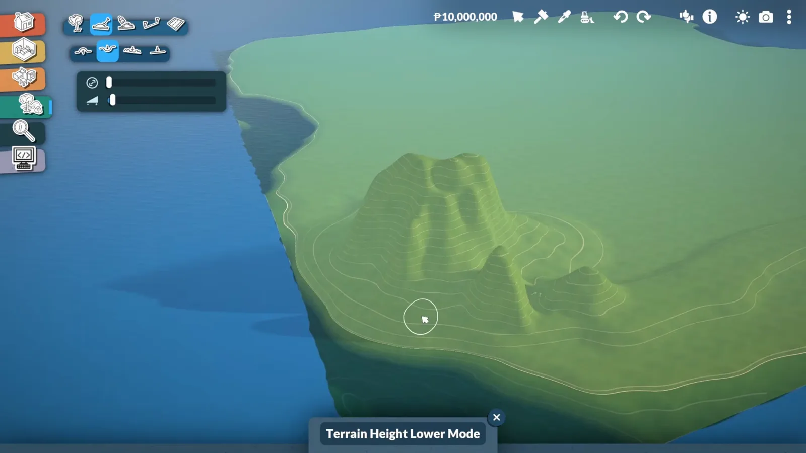 Erosion valleys being carved into a coastal rock formation with the Terrain Height Lower Mode brush in Paralives Erosion valleys being carved into a coastal rock formation with the Terrain Height Lower Mode brush in Paralives