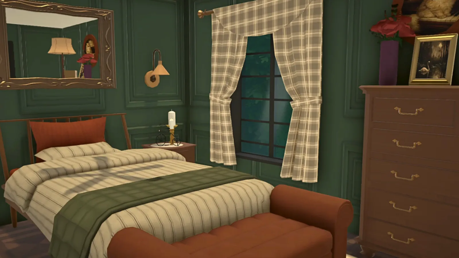 A Paralives primary bedroom with deep green panelled walls, plaid curtains and a walnut dresser topped with framed art A Paralives primary bedroom with deep green panelled walls, plaid curtains and a walnut dresser topped with framed art