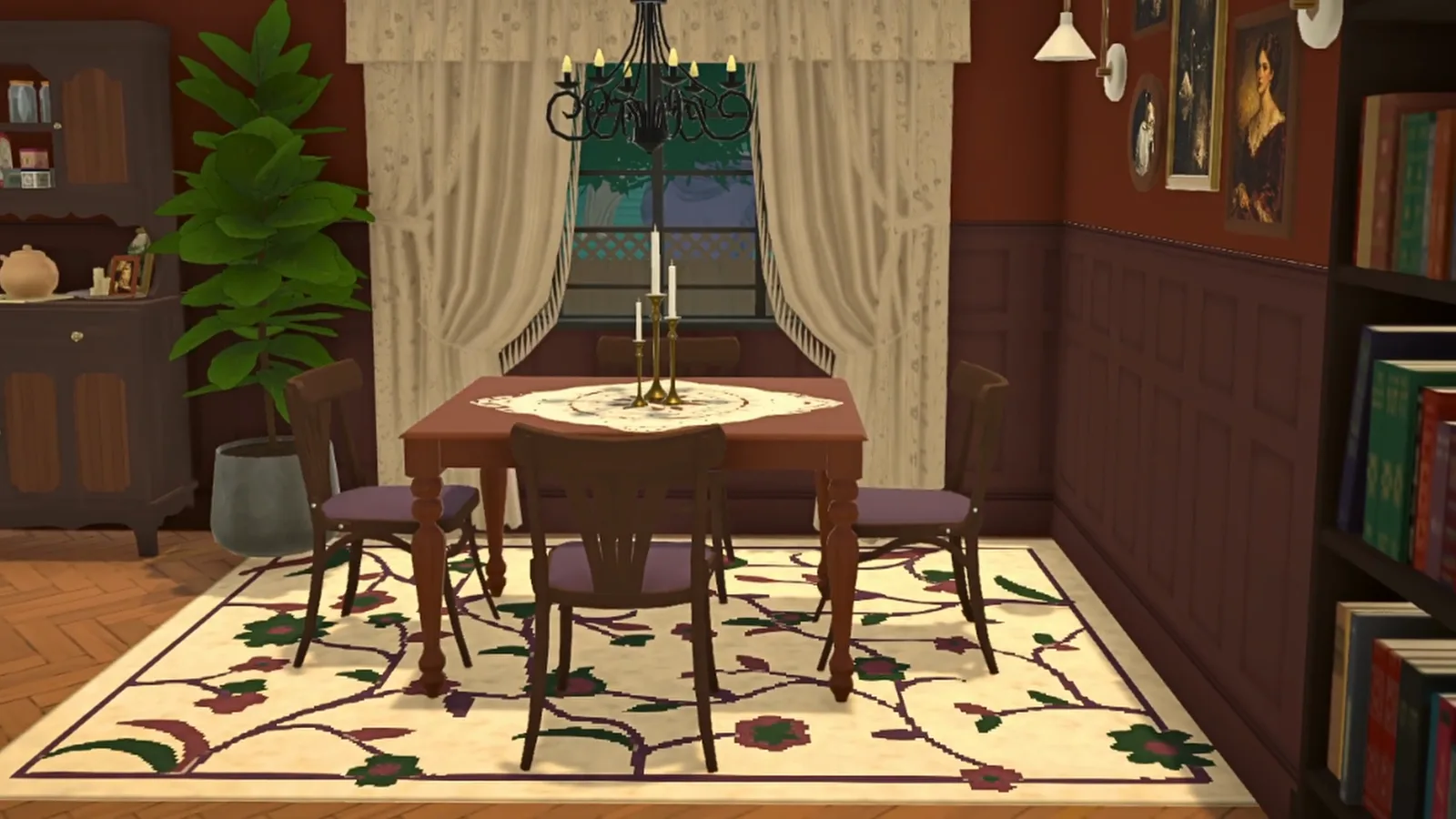 A Paralives dining room with a candelabra chandelier, carved wood table and floral rug under deep red panelled walls A Paralives dining room with a candelabra chandelier, carved wood table and floral rug under deep red panelled walls
