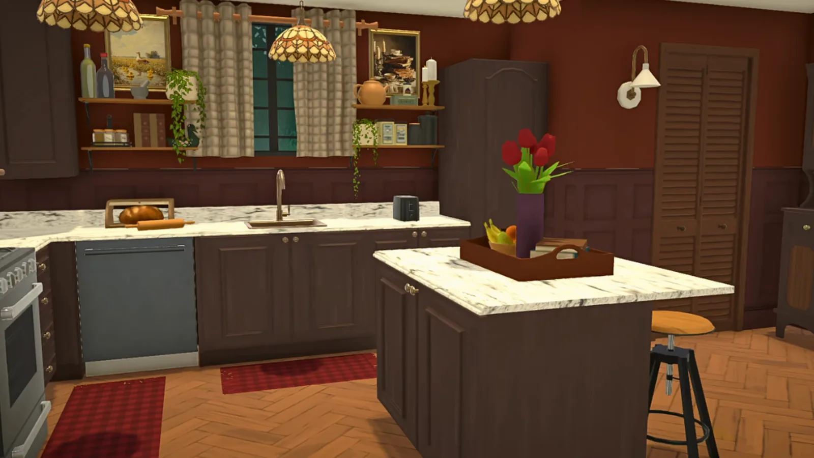 A Paralives kitchen pairing dark walnut cabinets and red panelled walls with pale marble counters and Tiffany pendants A Paralives kitchen pairing dark walnut cabinets and red panelled walls with pale marble counters and Tiffany pendants