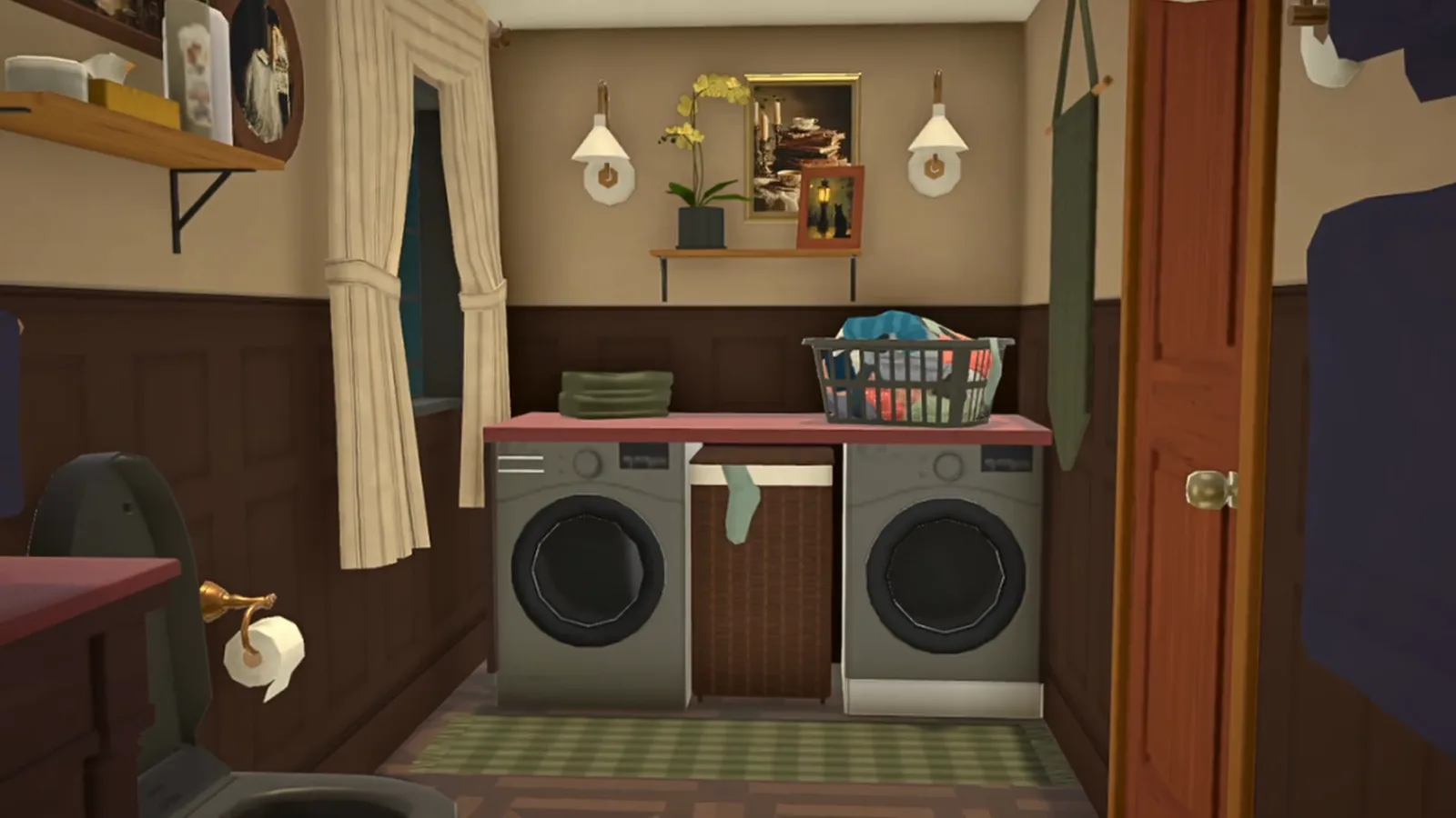 A Paralives laundry room and bathroom combo with a washer and dryer under a red counter and framed art above A Paralives laundry room and bathroom combo with a washer and dryer under a red counter and framed art above