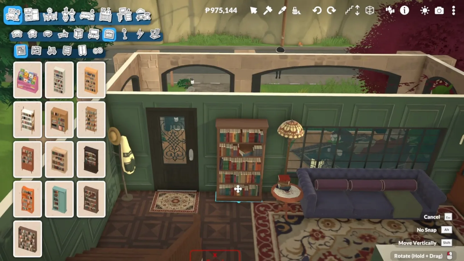 The Paralives bookcase catalogue open in a green panelled living room with a stained-glass front door and tufted sofa The Paralives bookcase catalogue open in a green panelled living room with a stained-glass front door and tufted sofa