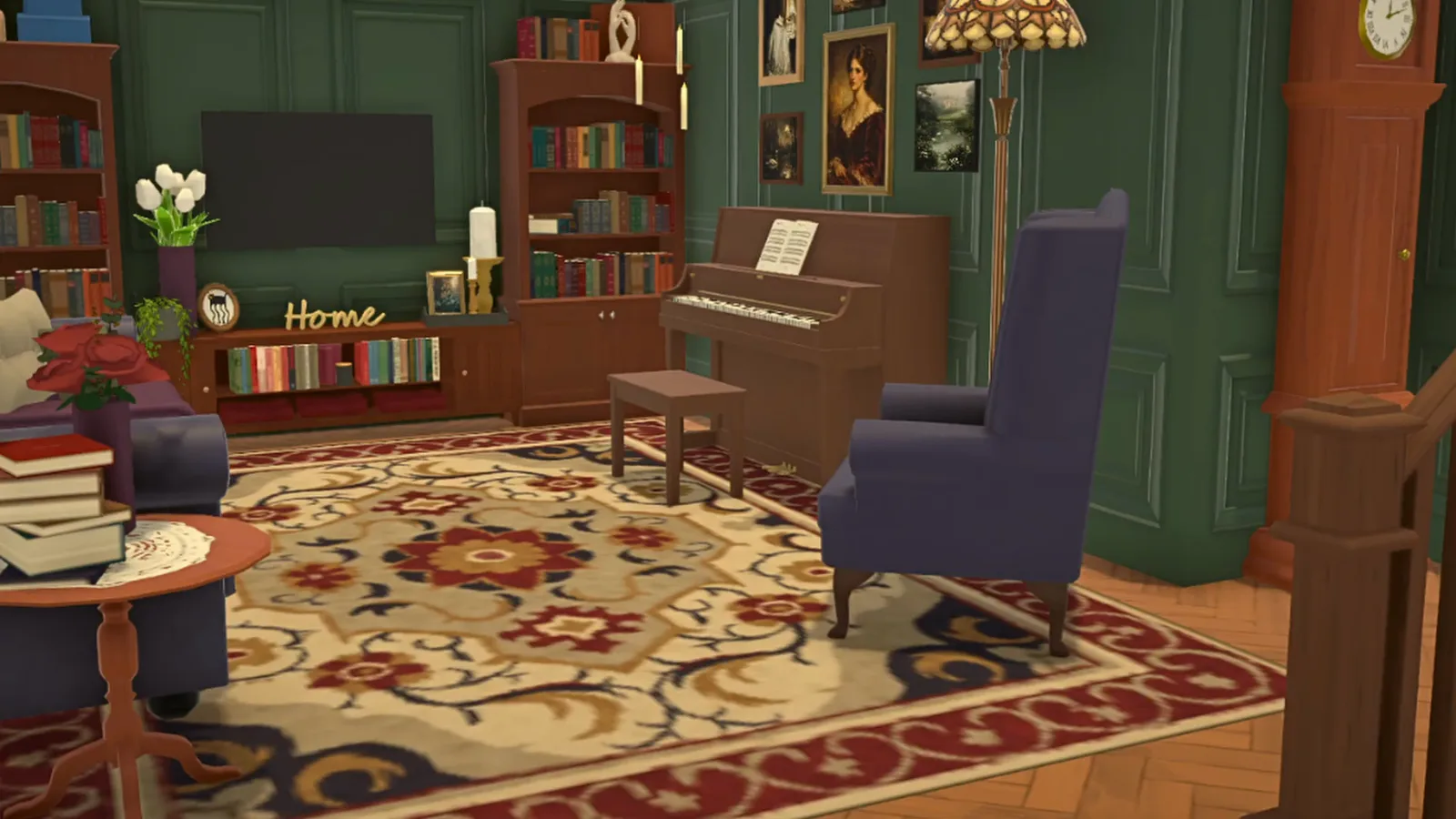 A finished Paralives dark academia living room with an upright piano, purple wing chair and portrait gallery on green panelled walls A finished Paralives dark academia living room with an upright piano, purple wing chair and portrait gallery on green panelled walls