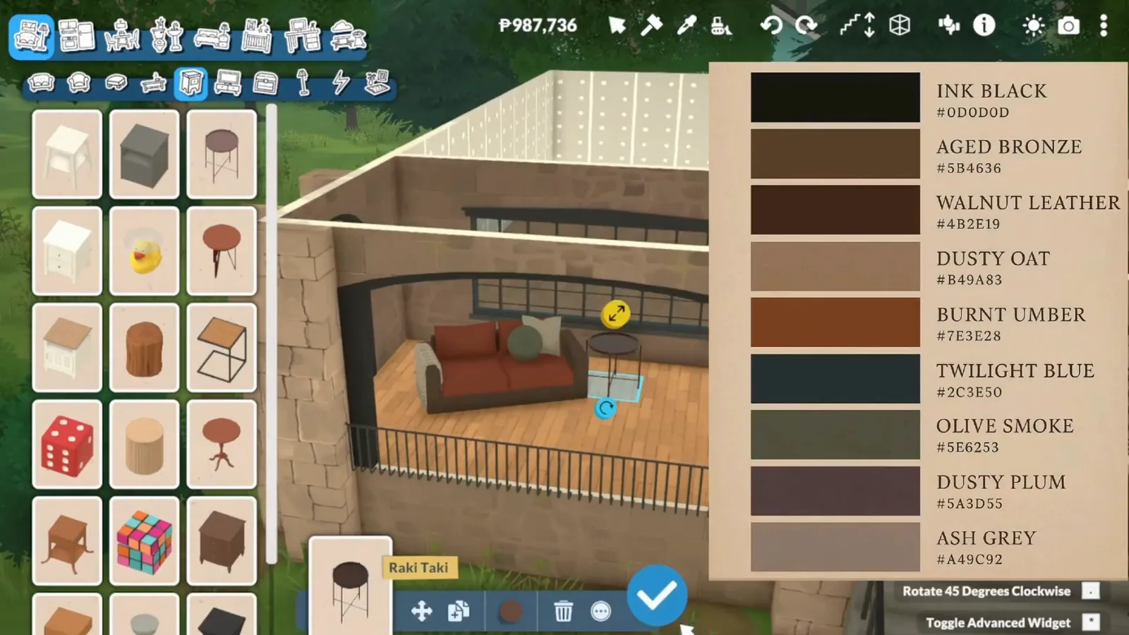 The Paralives colour panel listing named swatches from Ink Black to Ash Grey beside the porch the palette is being mixed for The Paralives colour panel listing named swatches from Ink Black to Ash Grey beside the porch the palette is being mixed for