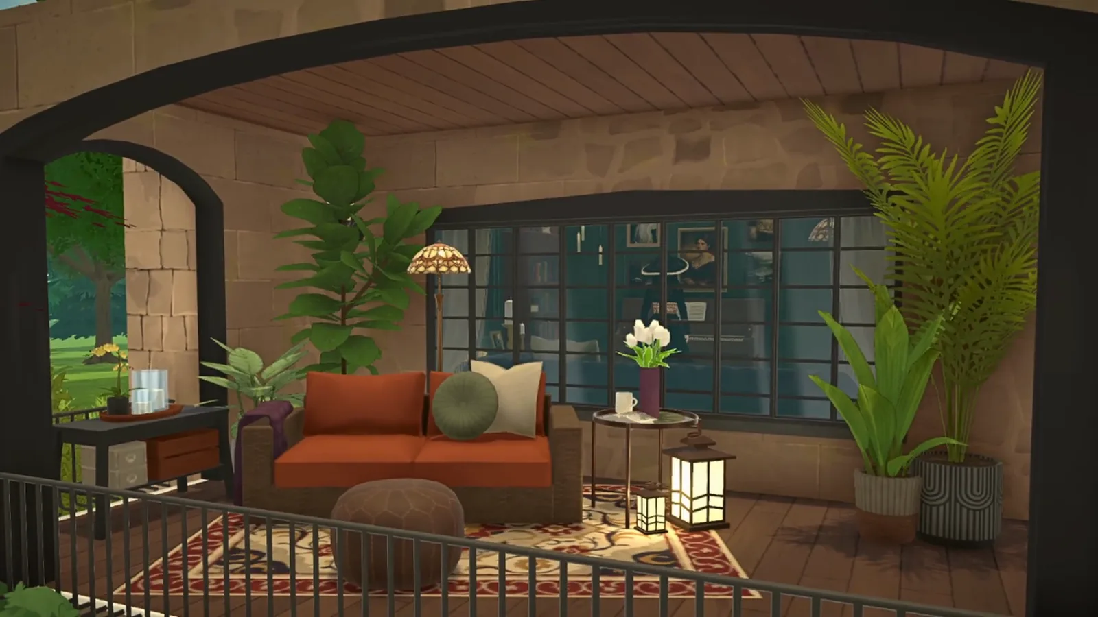 A finished Paralives dark academia porch at dusk with a rust sofa, layered cushions, lit lanterns and a Tiffany lamp glowing against black-framed arched windows A finished Paralives dark academia porch at dusk with a rust sofa, layered cushions, lit lanterns and a Tiffany lamp glowing against black-framed arched windows
