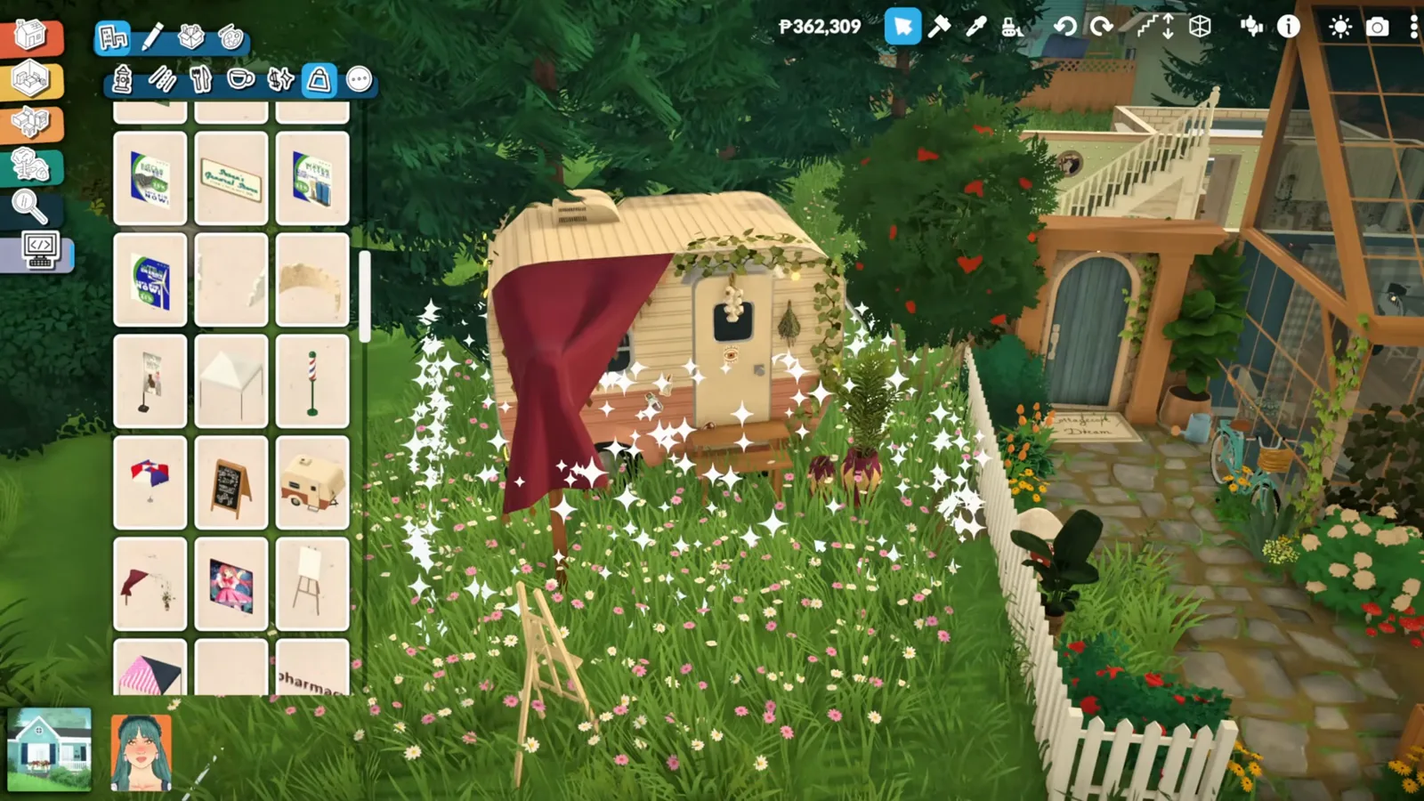 Vintage camper trailer from the Paralives debug category placed in a garden with its matching curtain and plant accessories in the catalogue Vintage camper trailer from the Paralives debug category placed in a garden with its matching curtain and plant accessories in the catalogue