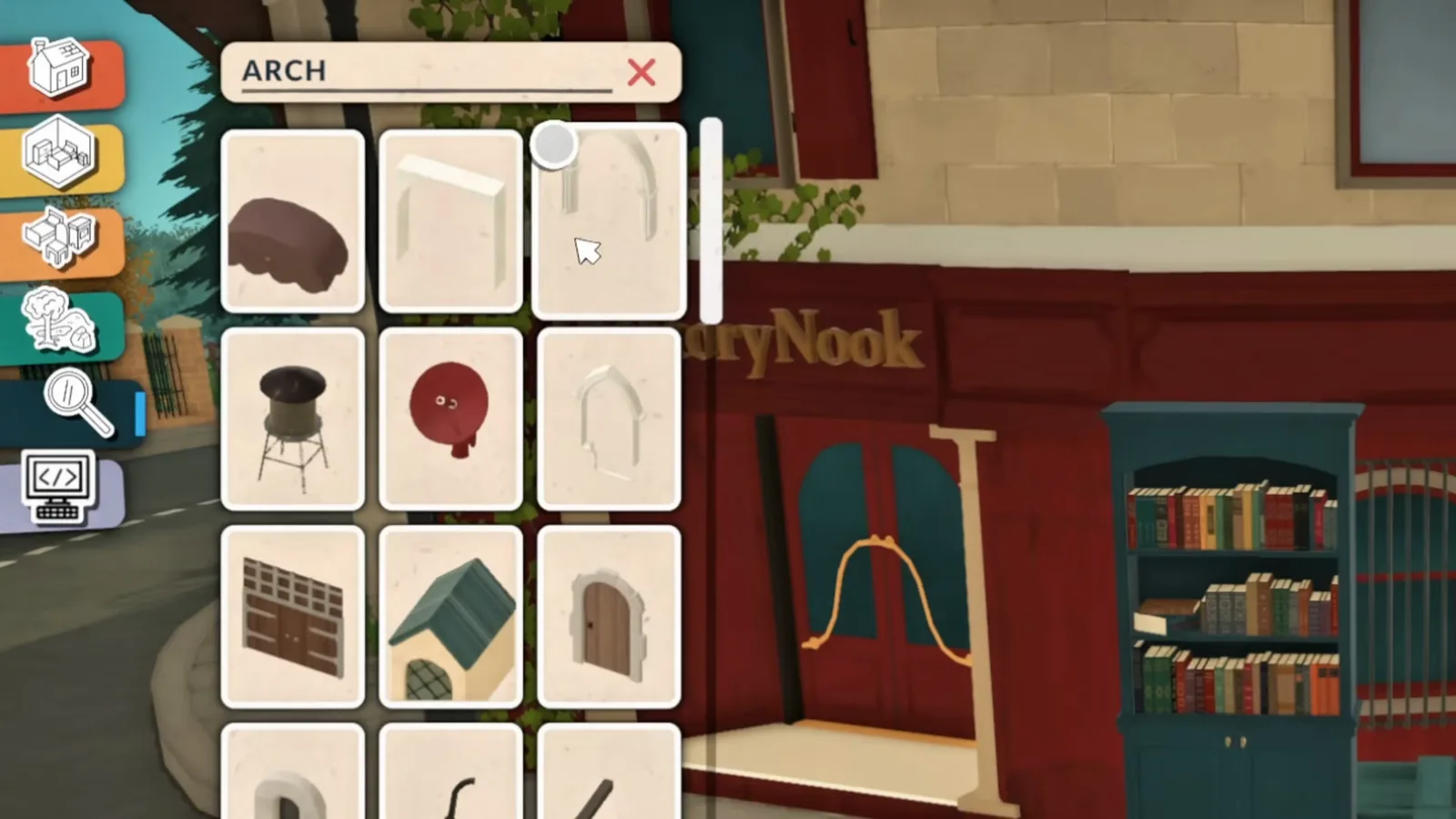 Paralives catalogue search bar with a query typed and hidden debug objects appearing in the results next to a downtown bookshop Paralives catalogue search bar with a query typed and hidden debug objects appearing in the results next to a downtown bookshop