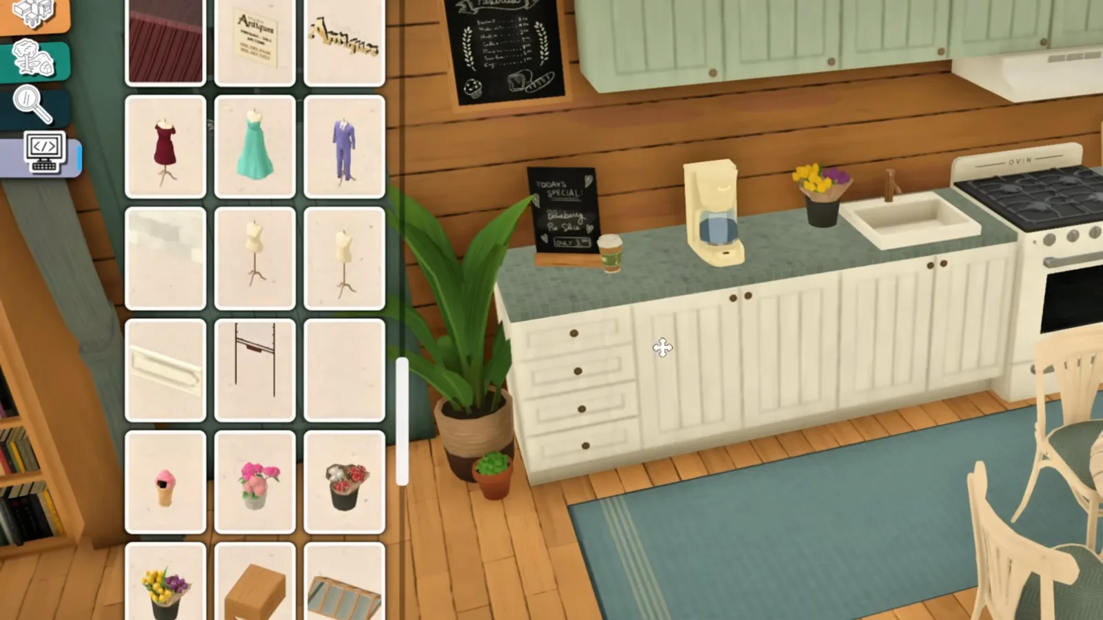 Paralives debug catalogue showing hidden Antiques signs, dress forms and sandwich boards next to a placed white corner counter with a chalkboard Paralives debug catalogue showing hidden Antiques signs, dress forms and sandwich boards next to a placed white corner counter with a chalkboard