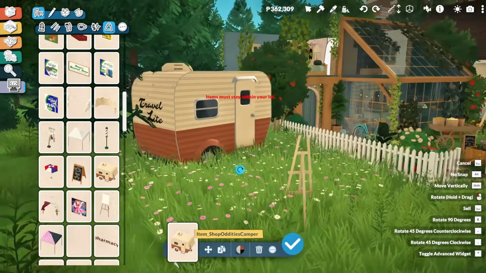 Paralives build mode catalogue with the hidden debug category open and the Travel Lite camper selected, its internal Item_ShopOdditiesCamper tooltip visible Paralives build mode catalogue with the hidden debug category open and the Travel Lite camper selected, its internal Item_ShopOdditiesCamper tooltip visible