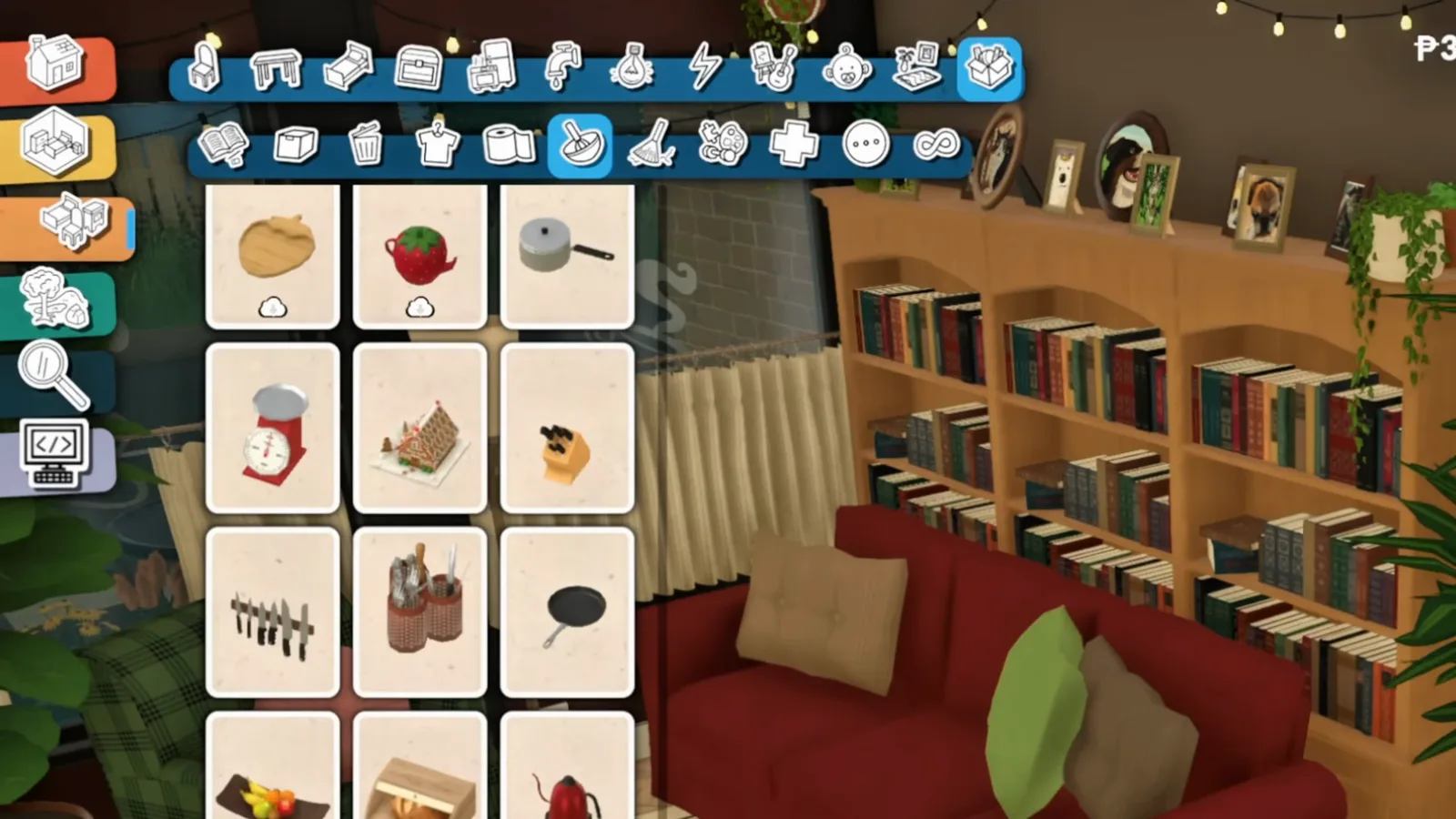 Paralives build mode catalogue with the added debug category tab open, showing hidden kitchen props such as cookware and pans Paralives build mode catalogue with the added debug category tab open, showing hidden kitchen props such as cookware and pans