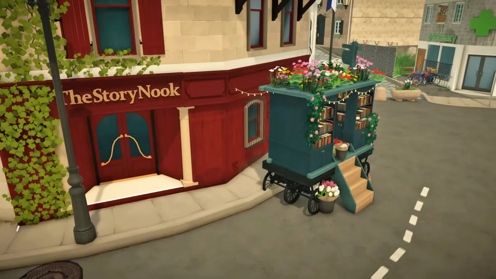 Finished flower-covered mobile bookstore cart parked in front of the Story Nook in Paralives, assembled entirely from hidden debug objects Finished flower-covered mobile bookstore cart parked in front of the Story Nook in Paralives, assembled entirely from hidden debug objects