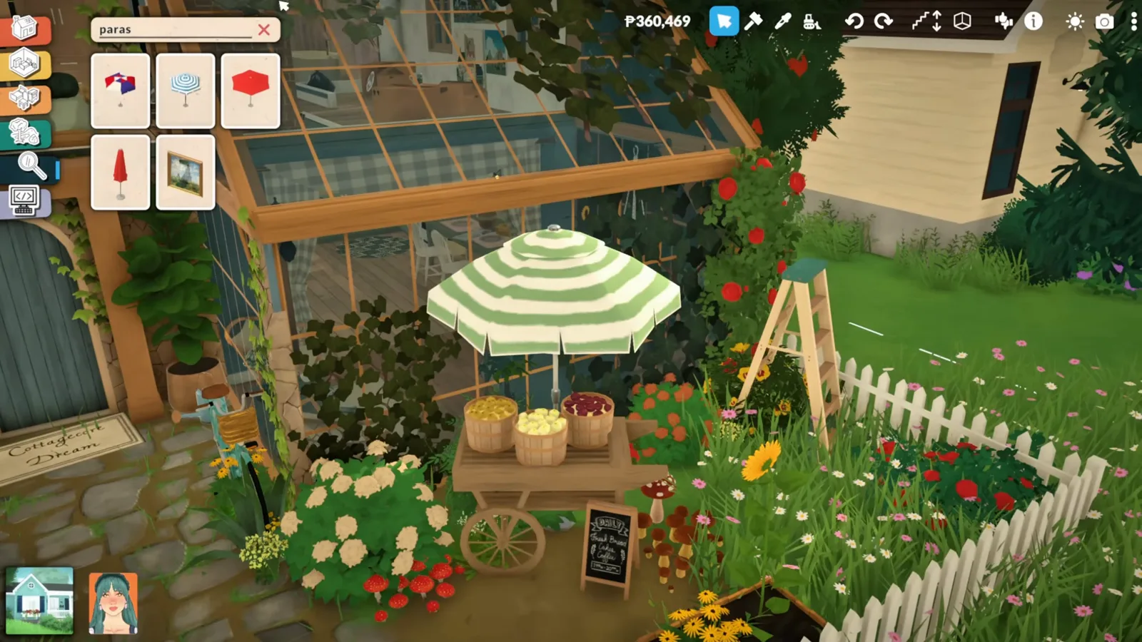 Hidden wooden market cart with produce baskets and a striped umbrella in the Paralives debug category, placed in a cottage garden Hidden wooden market cart with produce baskets and a striped umbrella in the Paralives debug category, placed in a cottage garden