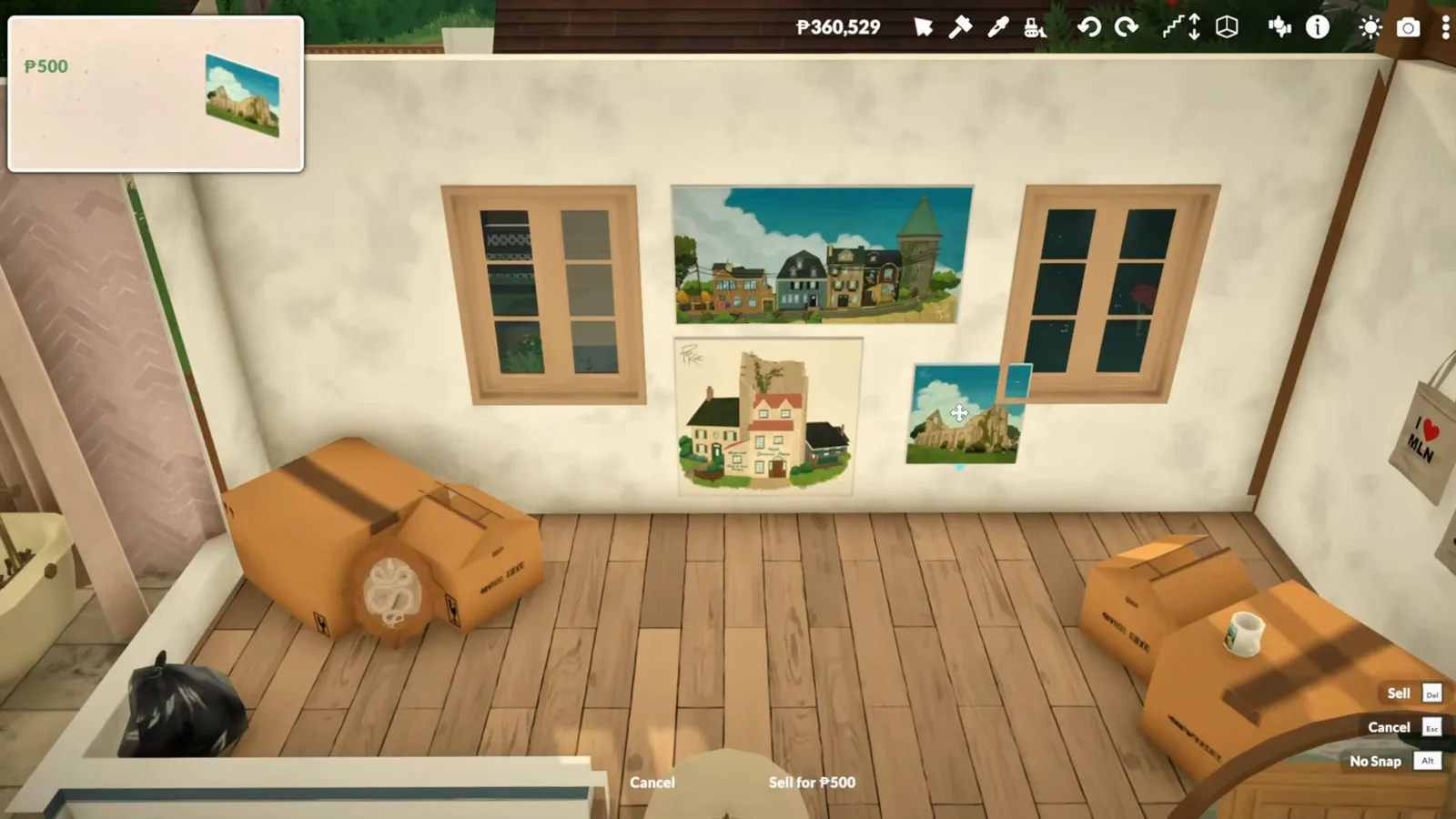 Debug-category paintings and prints hung gallery-style on a Paralives wall with hidden leather bag props and a wooden display ladder below Debug-category paintings and prints hung gallery-style on a Paralives wall with hidden leather bag props and a wooden display ladder below