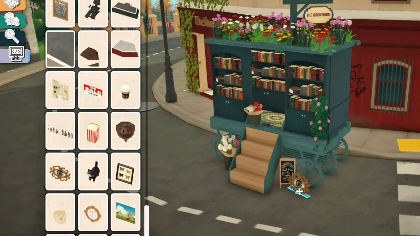 Finished Paralives mobile bookstore cart with a customizable hidden sign reading THE BOOKWORM above flower boxes in build mode Finished Paralives mobile bookstore cart with a customizable hidden sign reading THE BOOKWORM above flower boxes in build mode