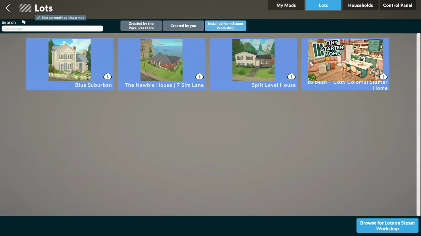 Downloaded houses carry a cloud icon inside the Lot Library once the Installed from Steam Workshop filter is switched on in Paralives Downloaded houses carry a cloud icon inside the Lot Library once the Installed from Steam Workshop filter is switched on in Paralives