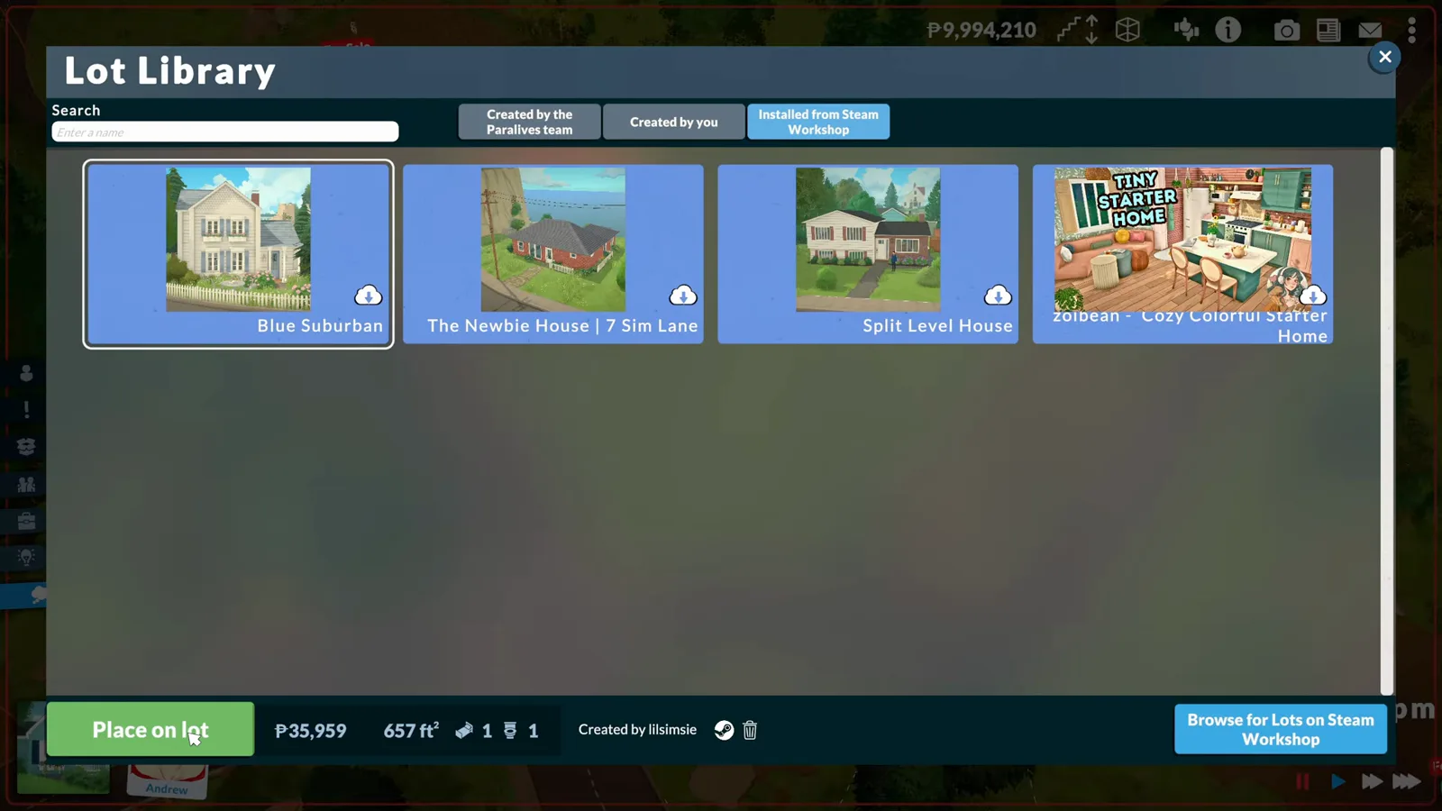 Filtering the in-game Lot Library to Steam Workshop items and selecting Blue Suburban readies the Place on lot button with its price Filtering the in-game Lot Library to Steam Workshop items and selecting Blue Suburban readies the Place on lot button with its price