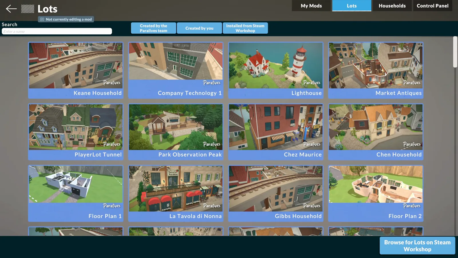 The Paralives main menu Lots tab showing the Lot Library grid next to the Browse for Lots on Steam Workshop button The Paralives main menu Lots tab showing the Lot Library grid next to the Browse for Lots on Steam Workshop button
