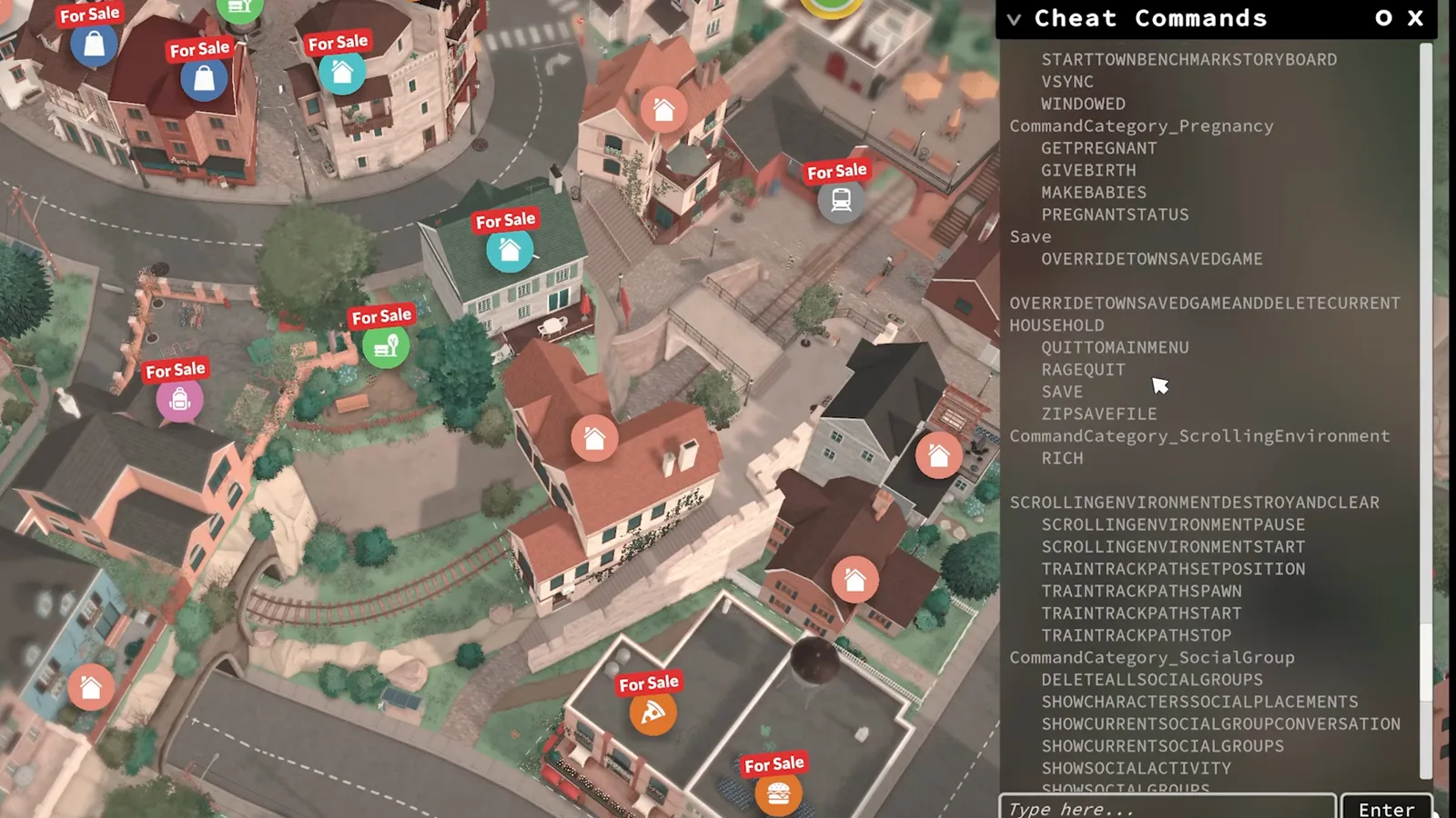 Paralives Cheat Commands console open over the town map listing the help menu with money cheats Paralives Cheat Commands console open over the town map listing the help menu with money cheats