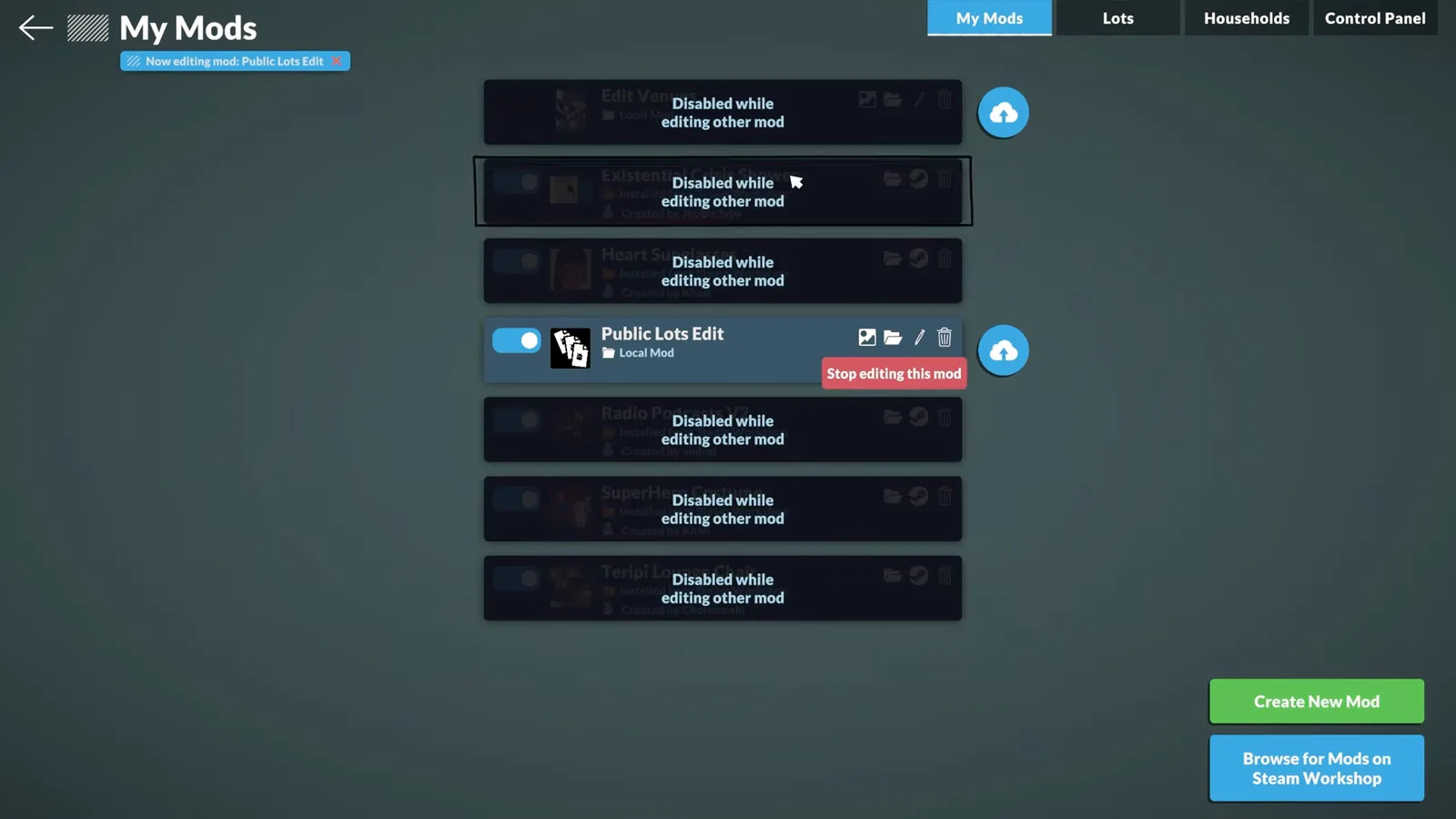 Paralives My Mods list greyed out with Disabled while editing other mod labels while Public Lots Edit is being edited Paralives My Mods list greyed out with Disabled while editing other mod labels while Public Lots Edit is being edited