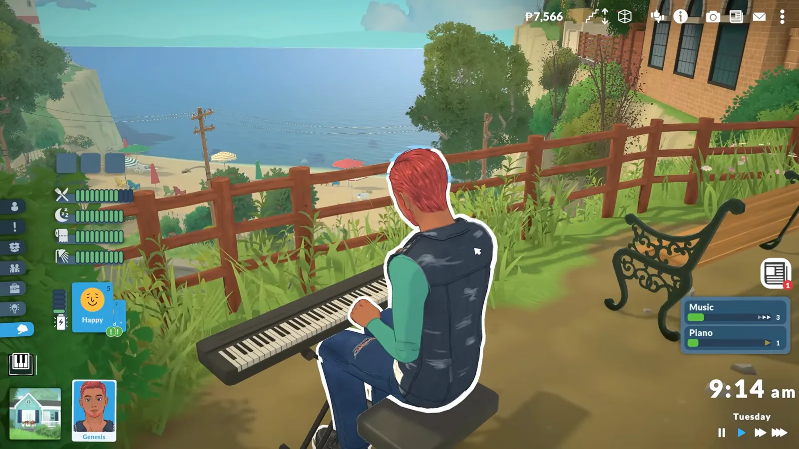 Para playing the keyboard piano in a Paralives park in live mode with Music and Piano skill bars rising Para playing the keyboard piano in a Paralives park in live mode with Music and Piano skill bars rising