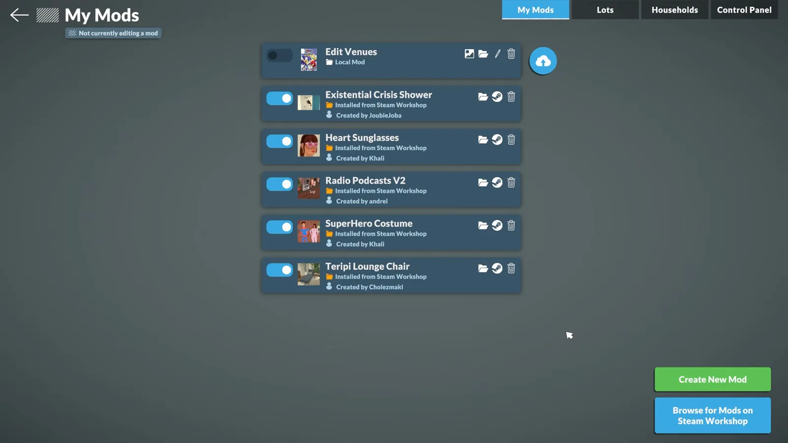 Paralives main menu Mods screen showing the My Mods, Lots, Households and Control Panel tabs with the Create New Mod button Paralives main menu Mods screen showing the My Mods, Lots, Households and Control Panel tabs with the Create New Mod button