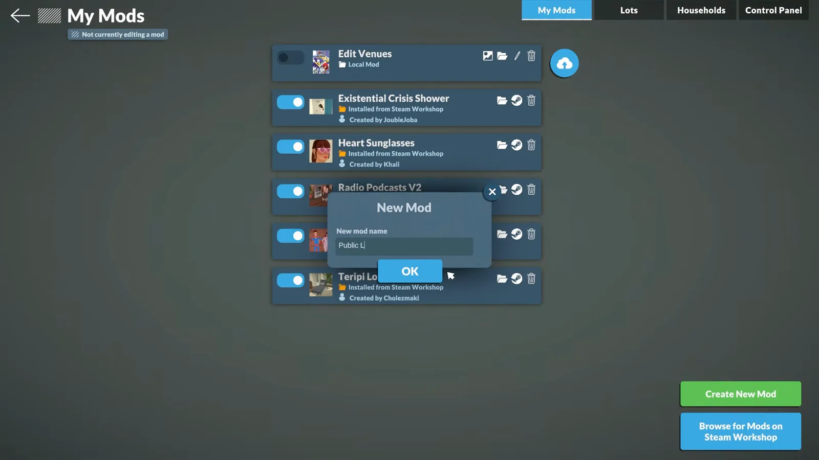 Paralives New Mod dialog asking for a new mod name before creating a town-editing mod Paralives New Mod dialog asking for a new mod name before creating a town-editing mod