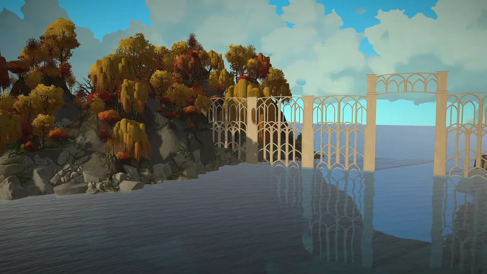 White elven gate fence beside autumn willows and red trees on a Paralives fantasy island White elven gate fence beside autumn willows and red trees on a Paralives fantasy island