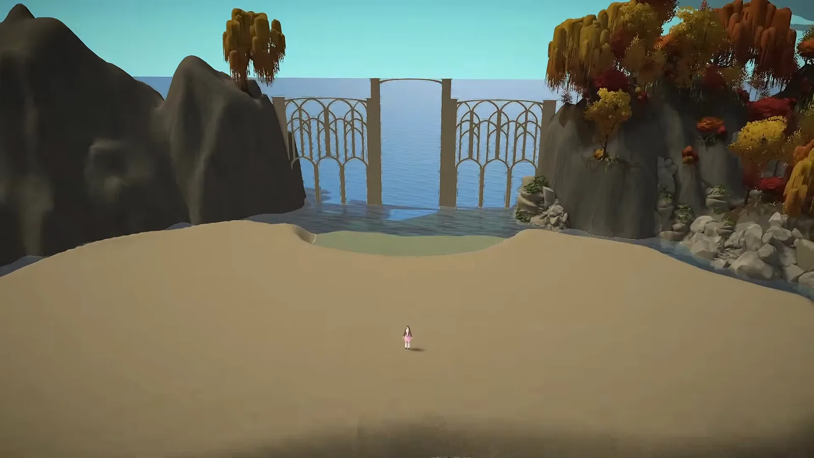 Layered elven arch gates spanning between cliffs at the entrance of a Paralives custom island map Layered elven arch gates spanning between cliffs at the entrance of a Paralives custom island map