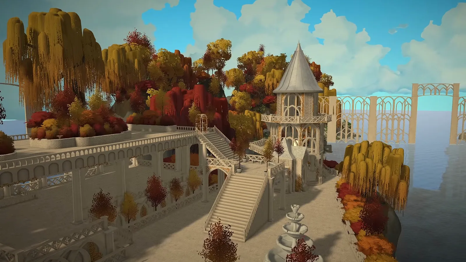 Finished Paralives fantasy island with a spired elven tower, grand staircase, fountain and layered arch gates standing over the water Finished Paralives fantasy island with a spired elven tower, grand staircase, fountain and layered arch gates standing over the water