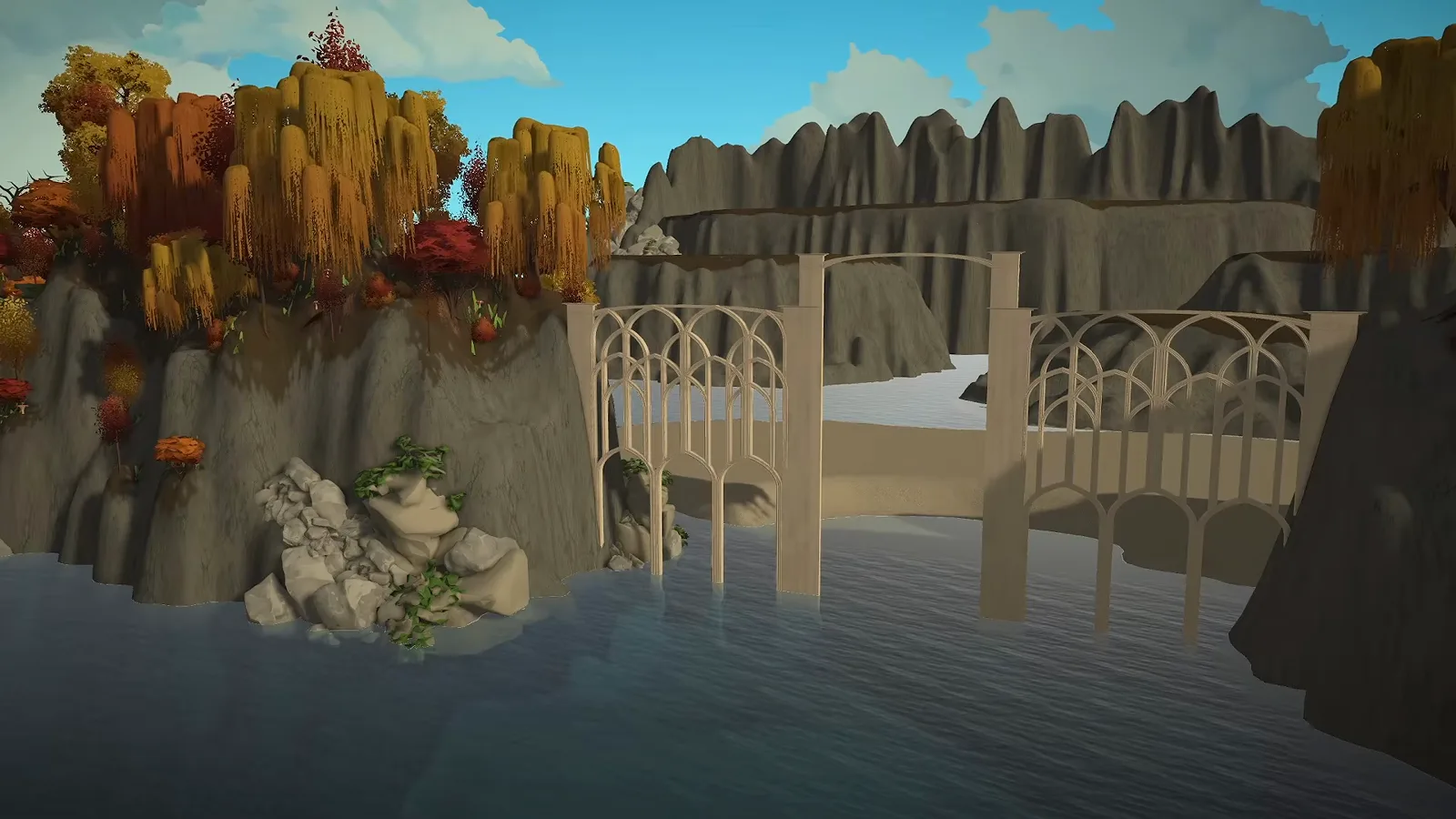 Autumn mountain terrain with willows and a water inlet shaped before any building starts in a Paralives custom world Autumn mountain terrain with willows and a water inlet shaped before any building starts in a Paralives custom world