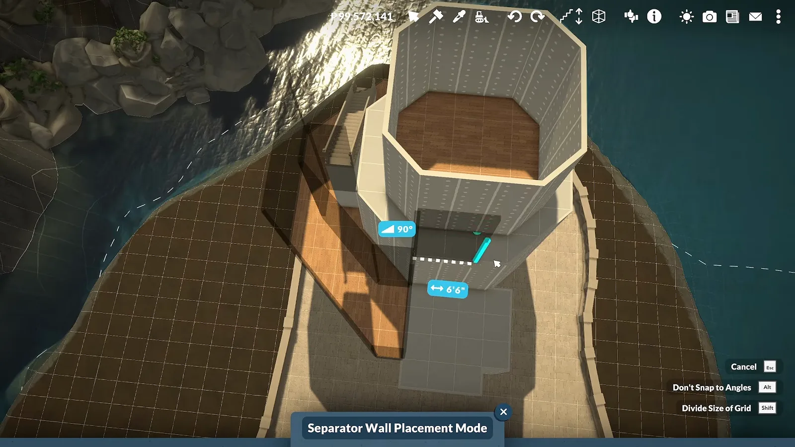 Octagonal watchtower drawn with separator wall runs above a Paralives island platform Octagonal watchtower drawn with separator wall runs above a Paralives island platform