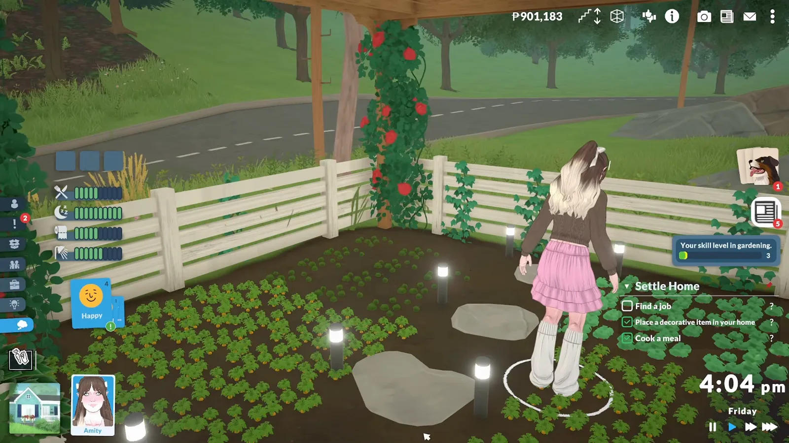 Para harvesting glowing crops in a Paralives garden with a Gardening skill notification from a mod Para harvesting glowing crops in a Paralives garden with a Gardening skill notification from a mod