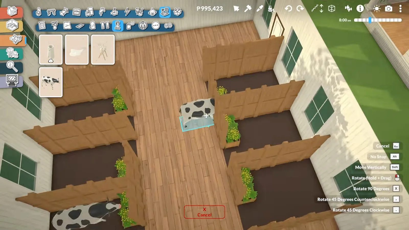 Paralives barn stalls with cow print rugs yellow flower hay substitutes and greenery in feeding boxes Paralives barn stalls with cow print rugs yellow flower hay substitutes and greenery in feeding boxes