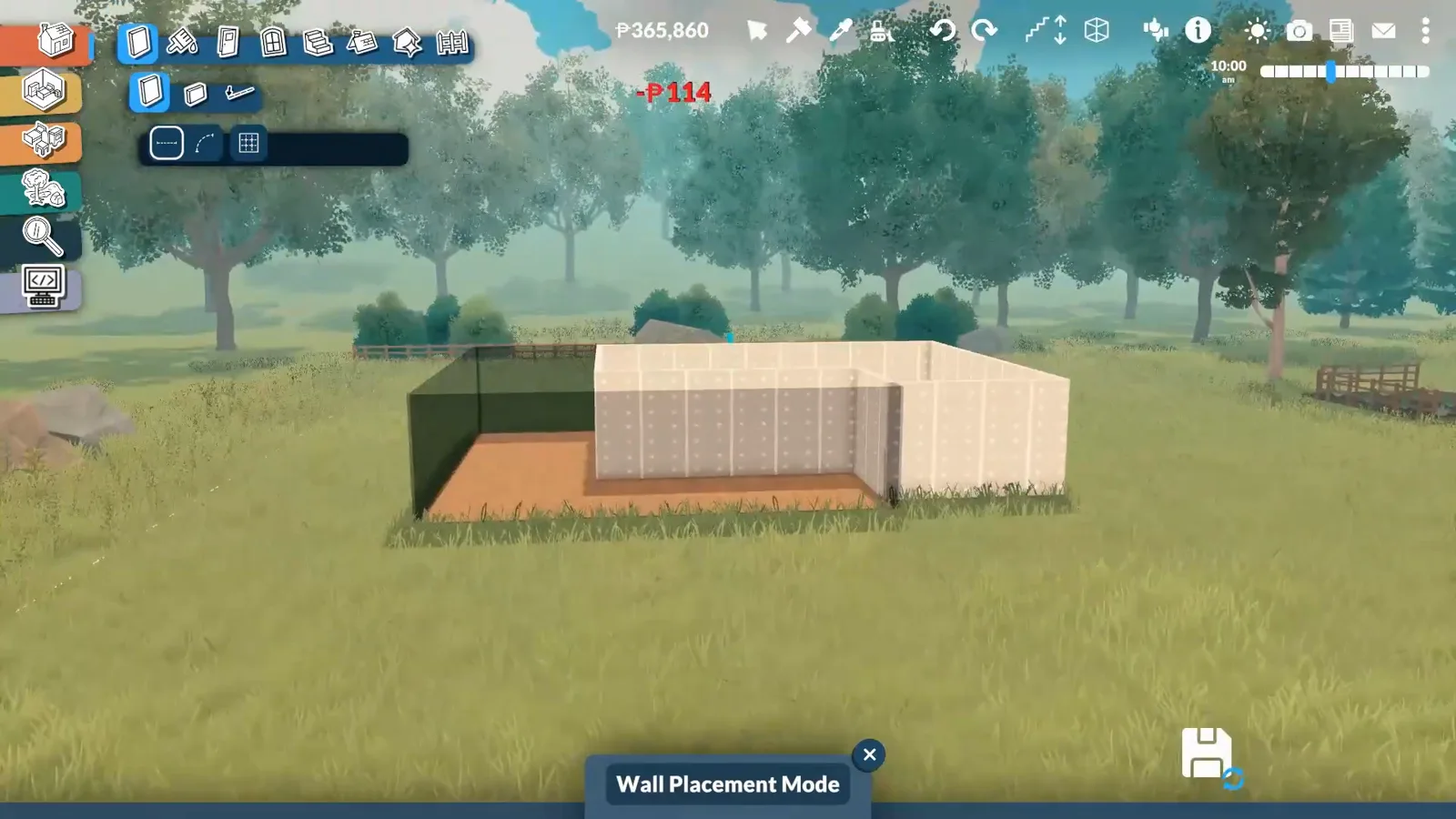Paralives Wall Placement Mode dragging the first wall run and floor patch of a farmhouse across an empty grass field