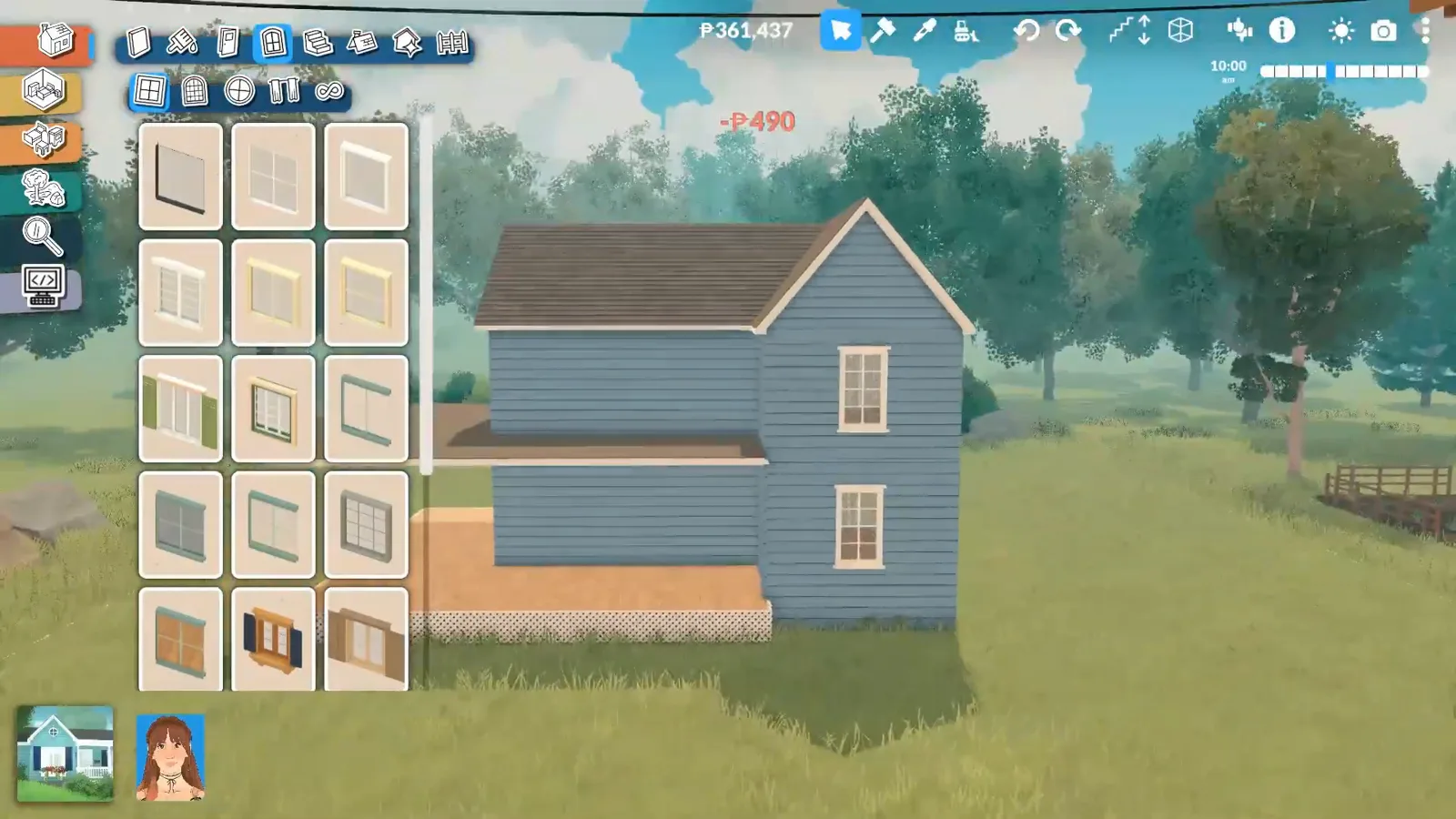 Blue two-story Paralives farmhouse with the front door catalogue open over its new wraparound porch deck