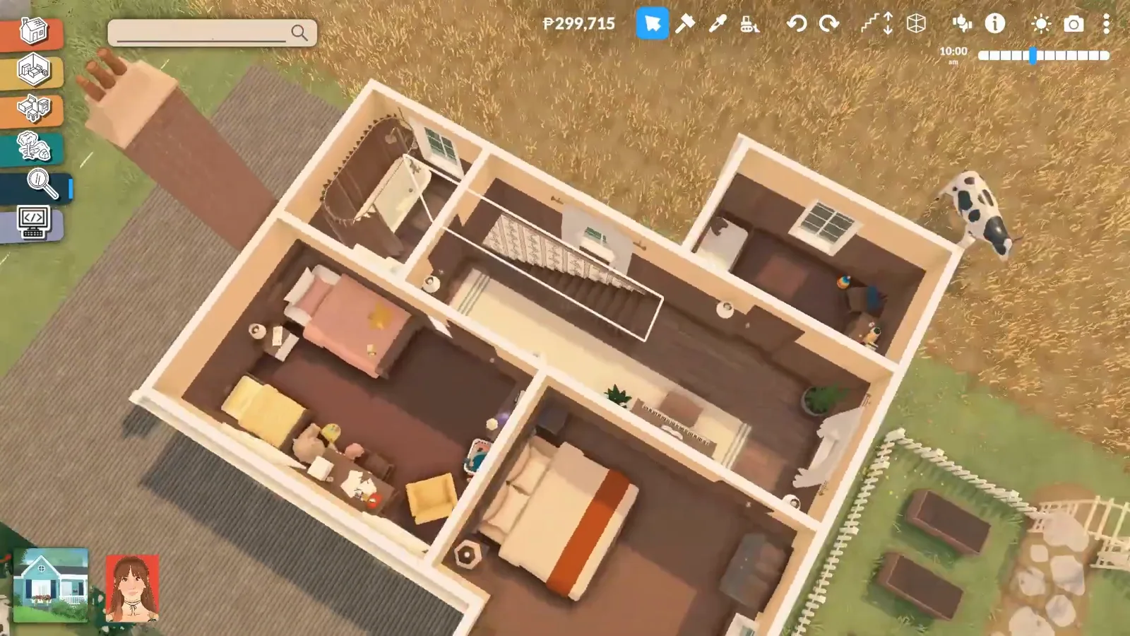 Cutaway view of a fully furnished Paralives farmhouse floor plan with field rows and cows outside