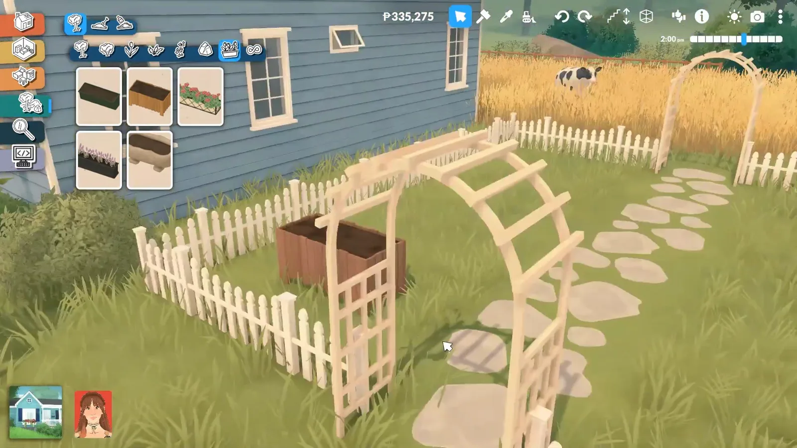 Paralives garden arch and planter box framing a stepping-stone path beside a white picket fence