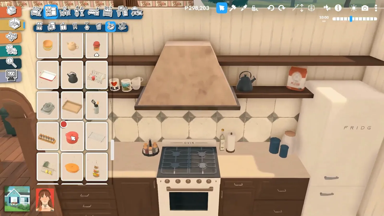 Paralives farmhouse kitchen with a tan range hood, open dish shelves and a cream vintage fridge