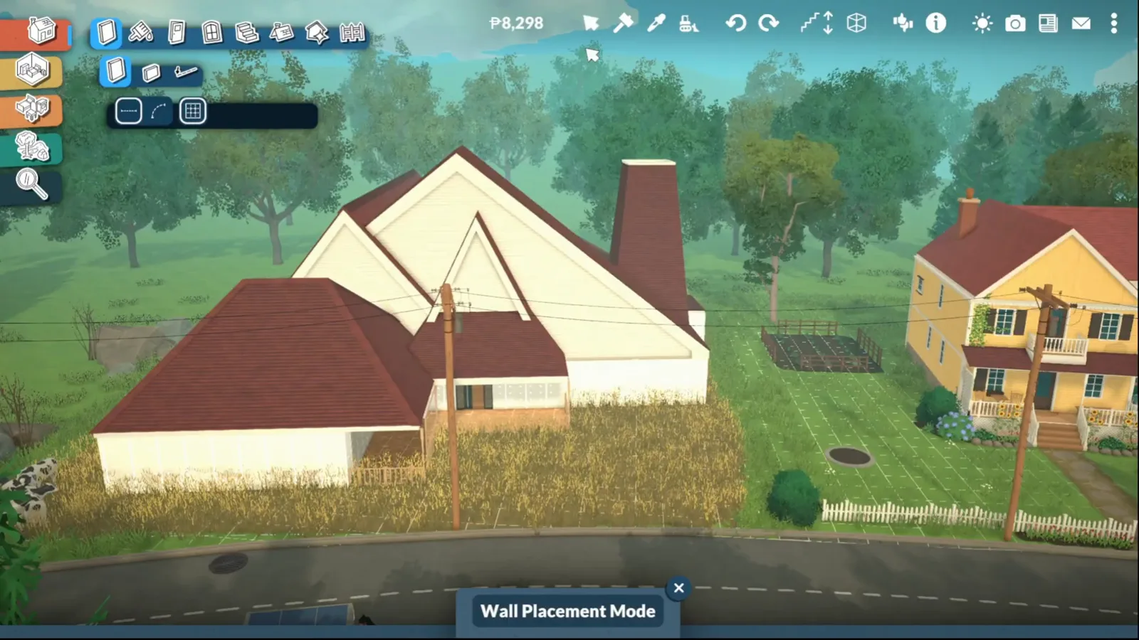 Multi-gable roof mass with a brick chimney taking shape over a white Paralives farmhouse