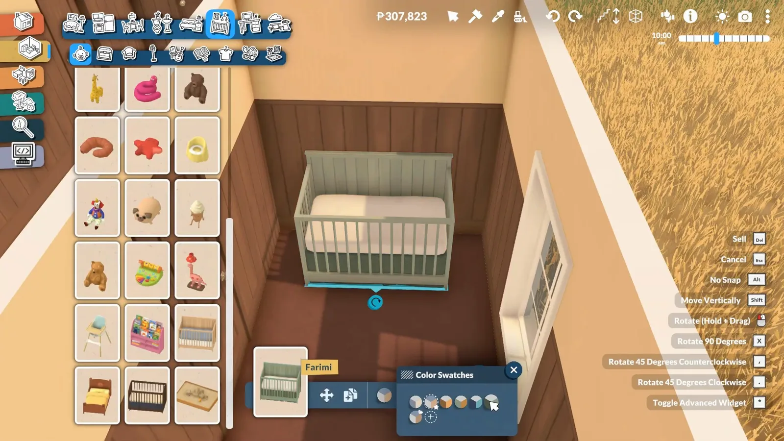 Paralives nursery crib placed in a wood-panel room with the color swatches panel open