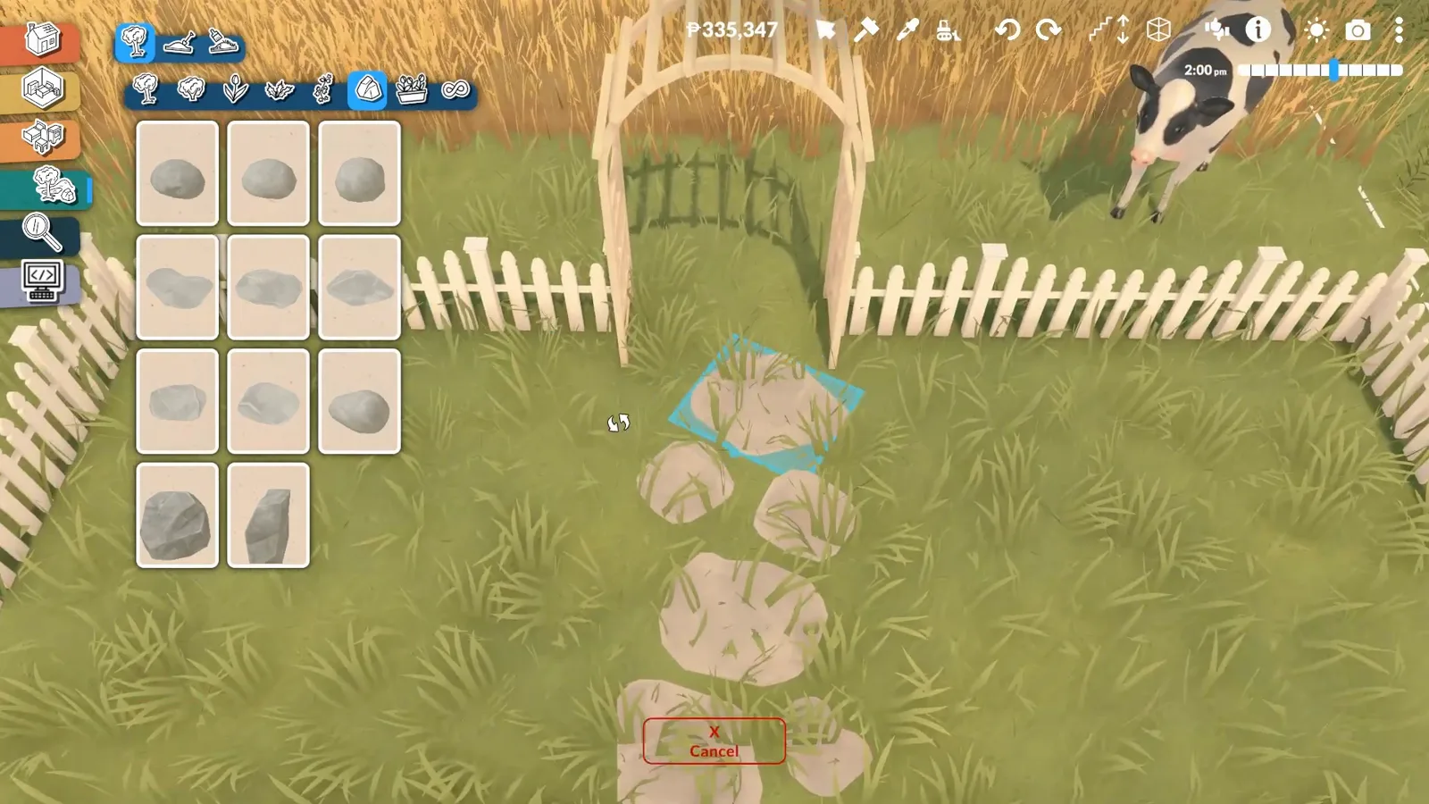 White picket fence runs and stepping stones closing a farmyard garden room beside a Paralives farmhouse