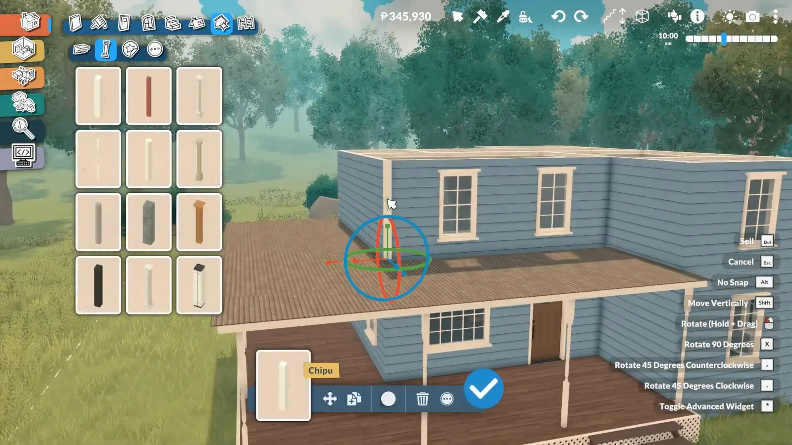Paralives placement gizmo squaring a catalogue porch post on a blue farmhouse wraparound deck