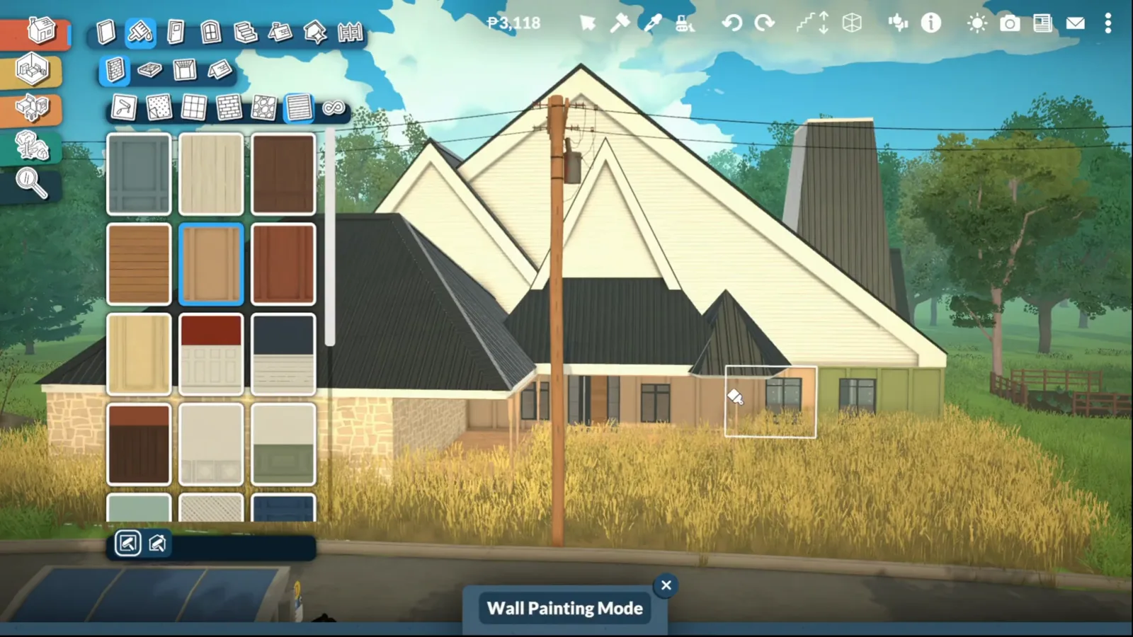 Repainted white Paralives farmhouse with a near-black multi-gable roof and the paint swatch panel open