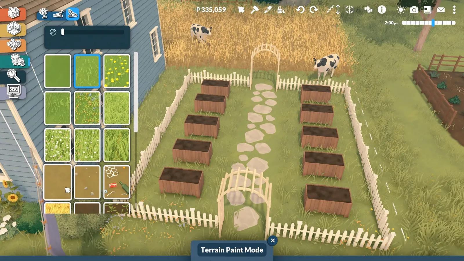 Paralives Terrain Paint Mode laying a dirt path between two ranks of planter-box field rows