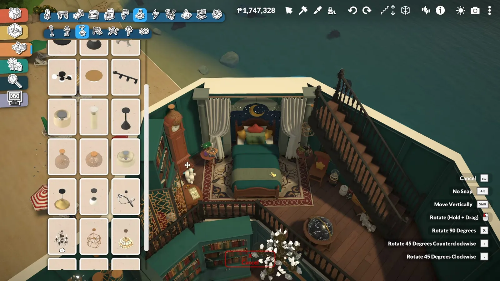 A Paralives wizard bed tucked into a curtained sleeping nook under the roof with the wardrobe catalogue open beside it