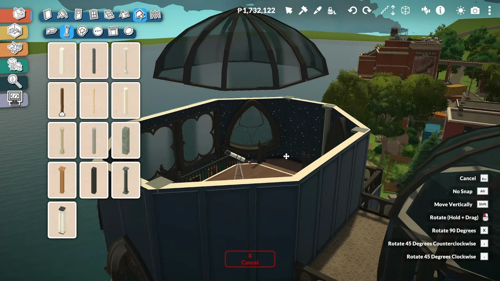 Glass dome piece hovering above an octagonal Paralives observatory tower being lowered onto the walls by hand