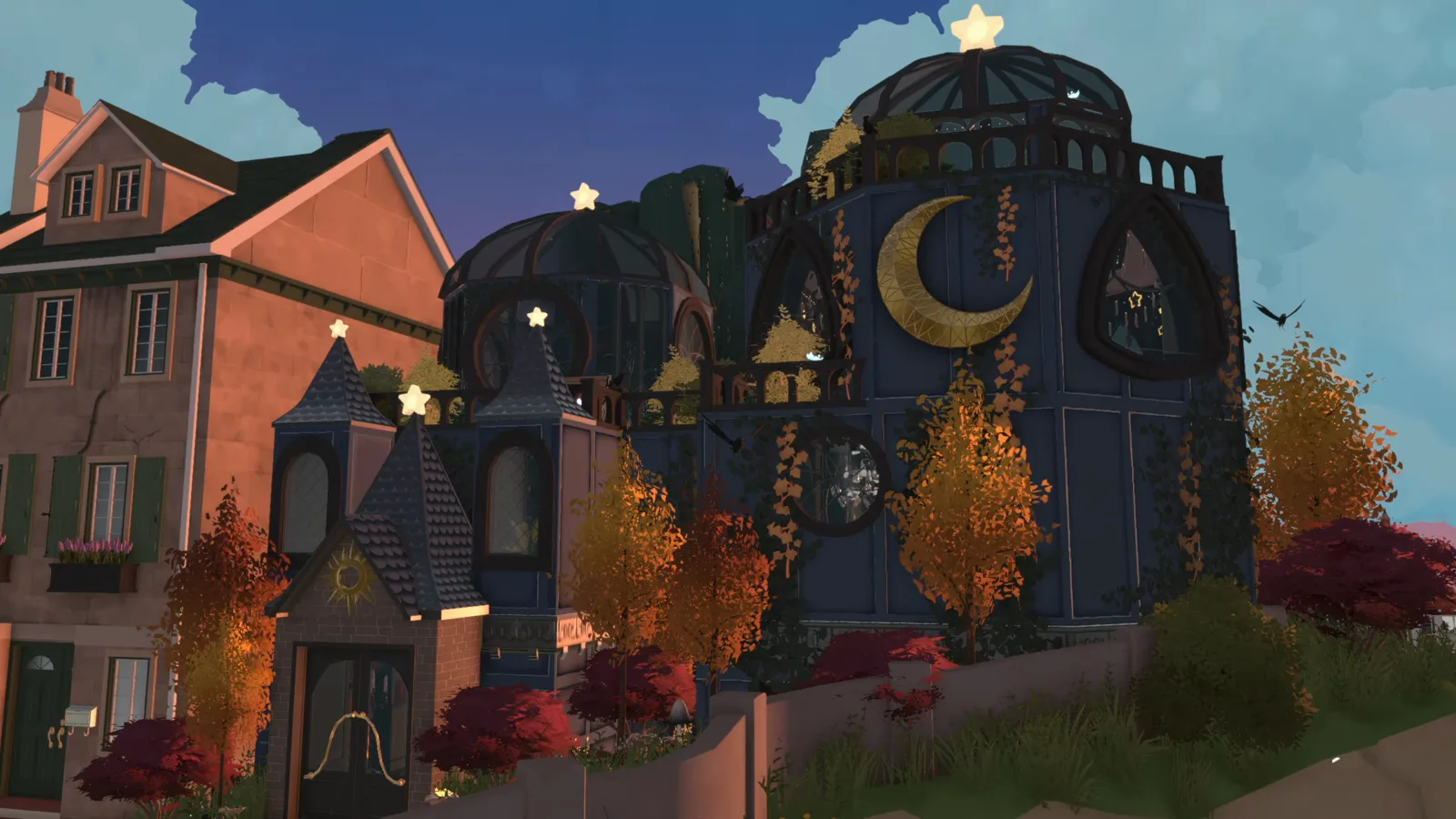 Paralives wizard observatory at dusk with a golden crescent moon and gold stars on dark blue walls above a public beach lot