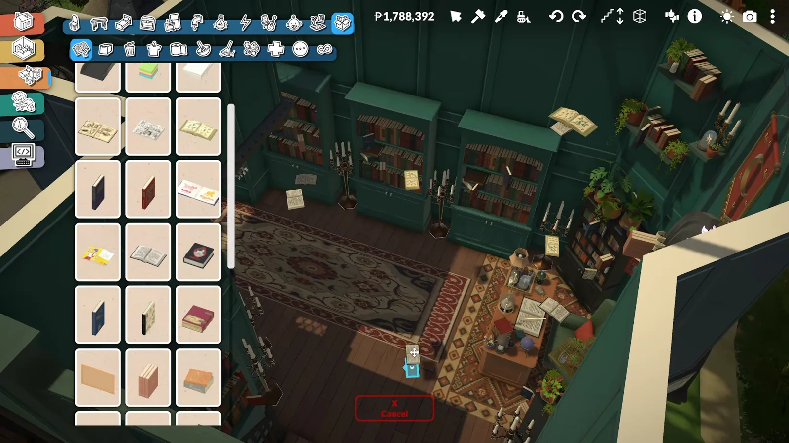 Several open book decorations hovering in mid-air along the green shelves of a finished Paralives magic library