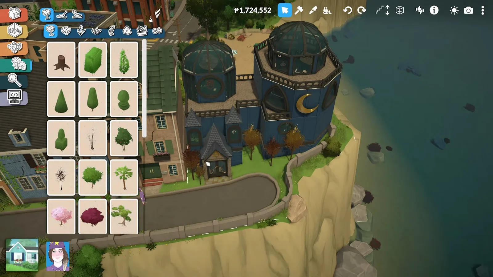 A giant golden crescent moon decoration on the observatory tower of a finished Paralives build backed by golden autumn trees